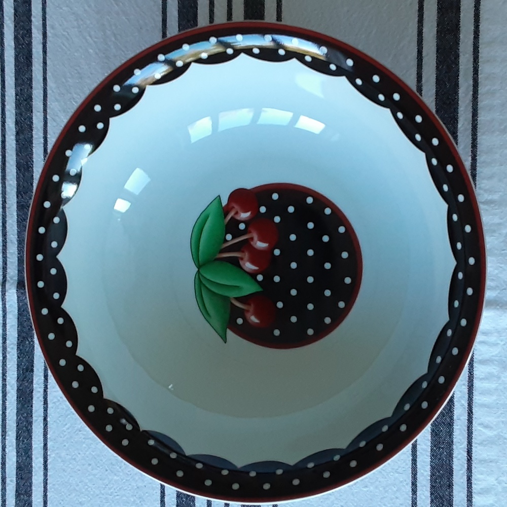 Mary Engelbreit 9" Cherries Serving Bowl  Black White Polka Dots Scalloped
